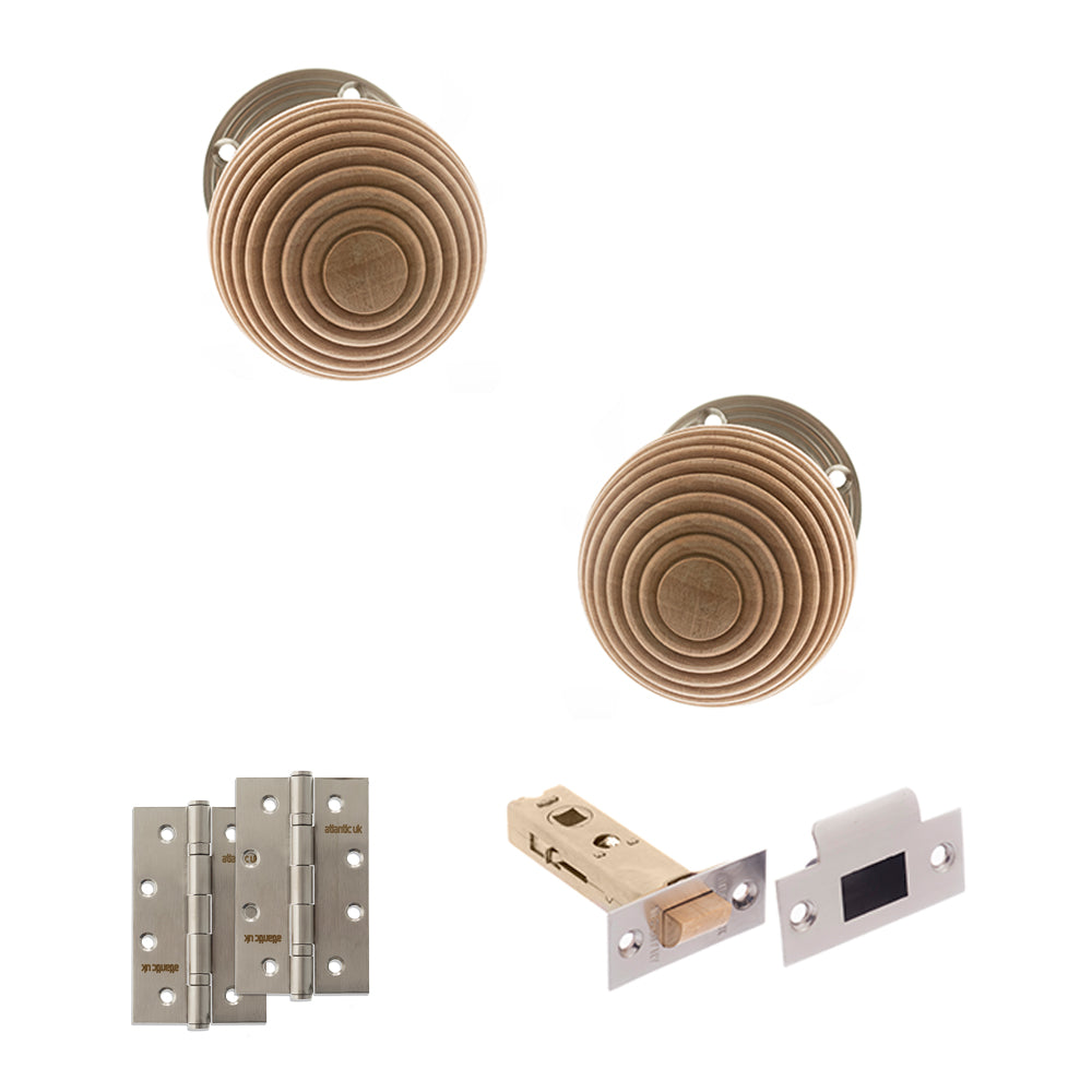 Old English Bridlington Door Knob Pack (Latch Set - 3" HD Latch, 4" Slim Knuckle Hinges x2) - Satin Nickel