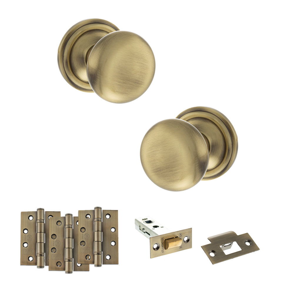 Old English Harrogate Door Knob Pack (Latch Set - 4" HD Latch, 4" Fire Rated Hinges x3) - Antique Brass