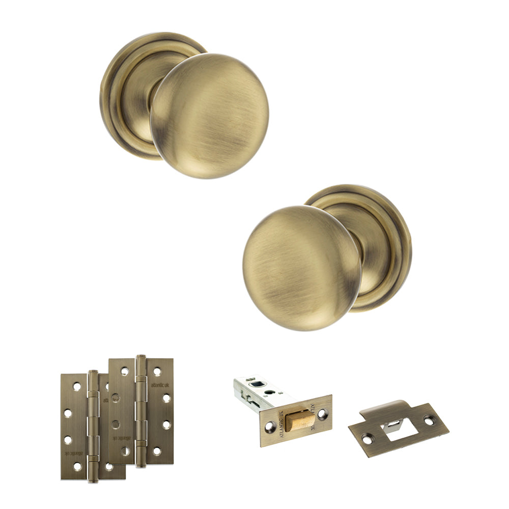 Old English Harrogate Door Knob Pack (Latch Set - 4" HD Latch, 4" Slim Knuckle Hinges x2) - Antique Brass