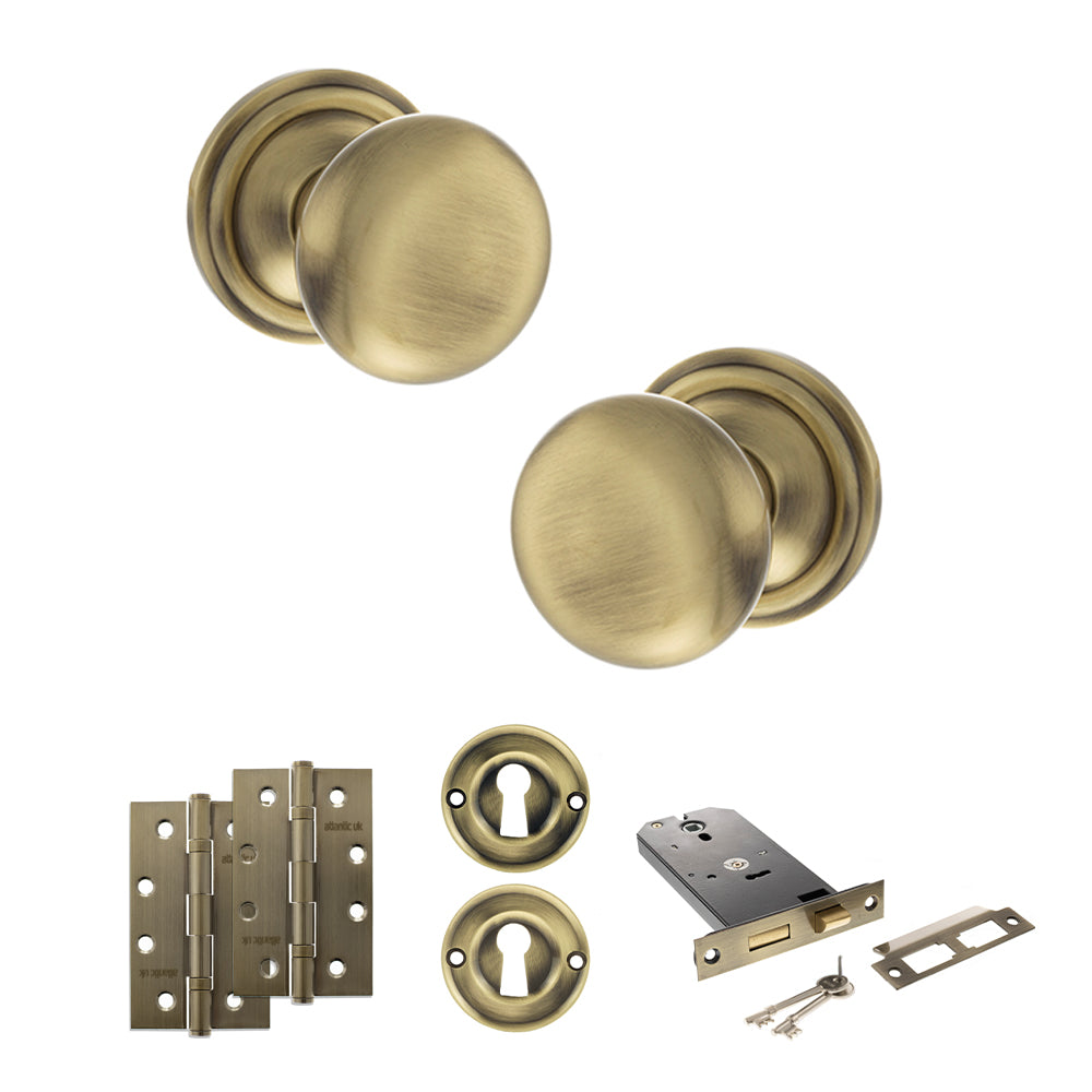 Old English Harrogate Door Knob Pack (Lock Set - Horizontal Sashlock, 4" Slim Knuckle Hinges x2) - Antique Brass