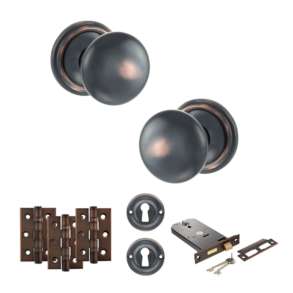 Old English Harrogate Door Knob Pack (Lock Set - Horizontal Sashlock, 3" Fire Rated Hinges x3) - Antique Copper