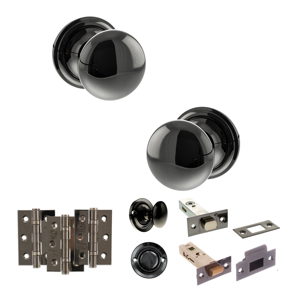 Old English Harrogate Door Knob Pack (Bathroom Set - 4" Deadbolt, 3" Fire Rated Hinges x3) - Black Nickel