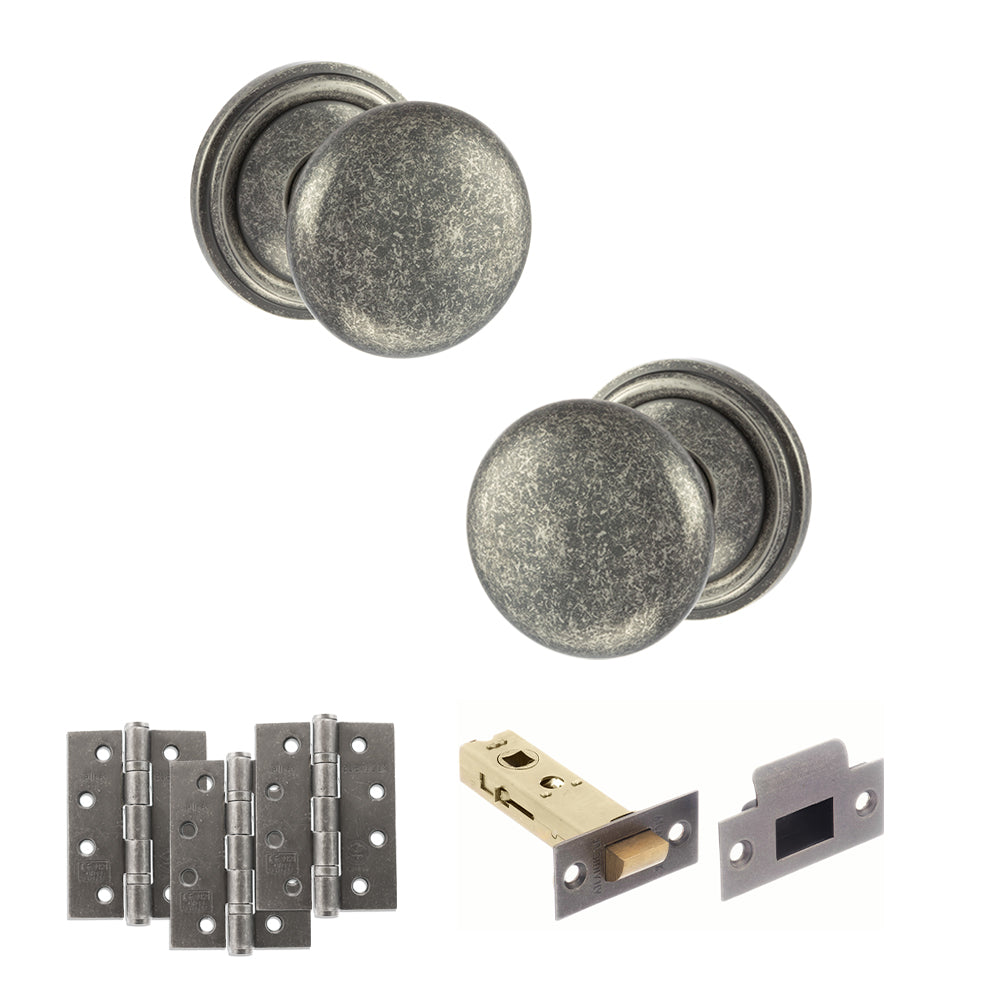 Old English Harrogate Door Knob Pack (Latch Set - 4" HD Latch, 4" Fire Rated Hinges x3) - Distressed Silver