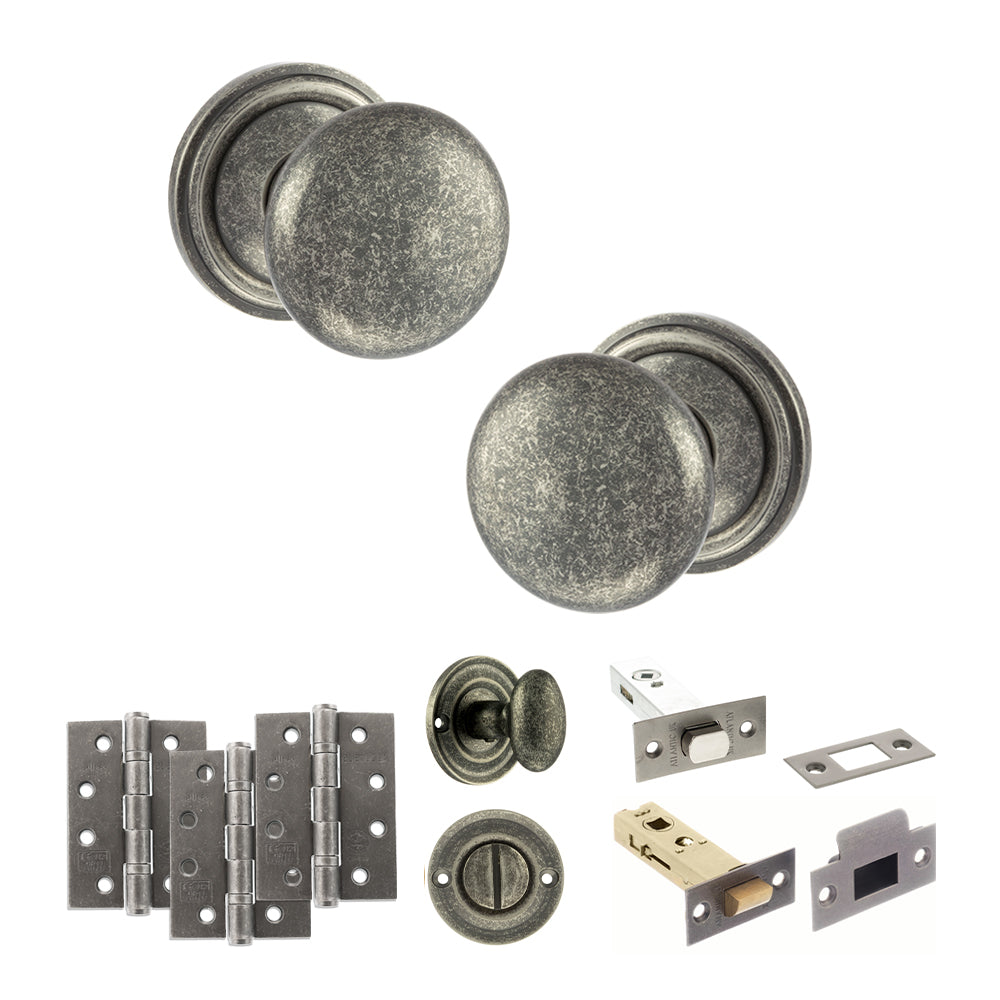 Old English Harrogate Door Knob Pack (Bathroom Set - 4" Deadbolt, 4" Fire Rated Hinges x3) - Distressed Silver