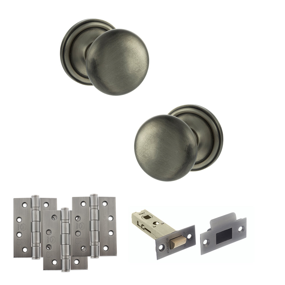 Old English Harrogate Door Knob Pack (Latch Set - 3" HD Latch, 4" Fire Rated Hinges x3) - Matt Gun Metal