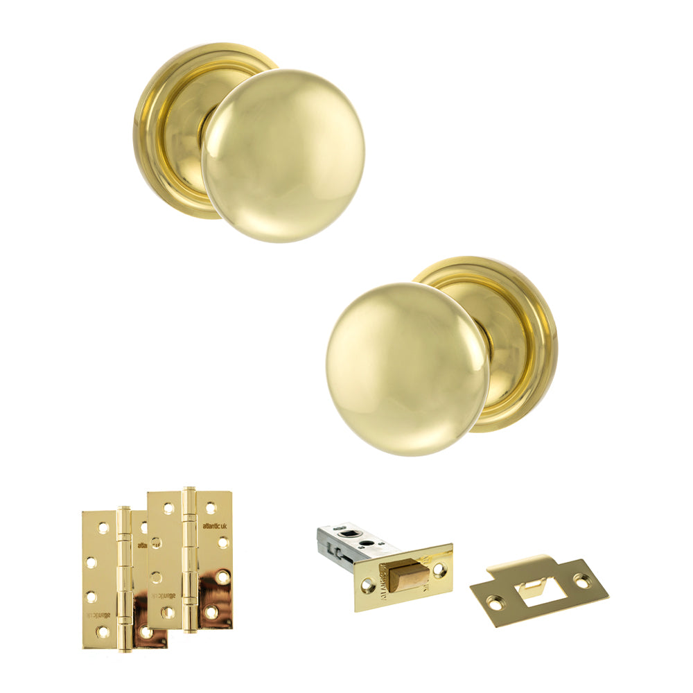 Old English Harrogate Door Knob Pack (Latch Set - 3" HD Latch, 4" Slim Knuckle Hinges x2) - Polished Brass