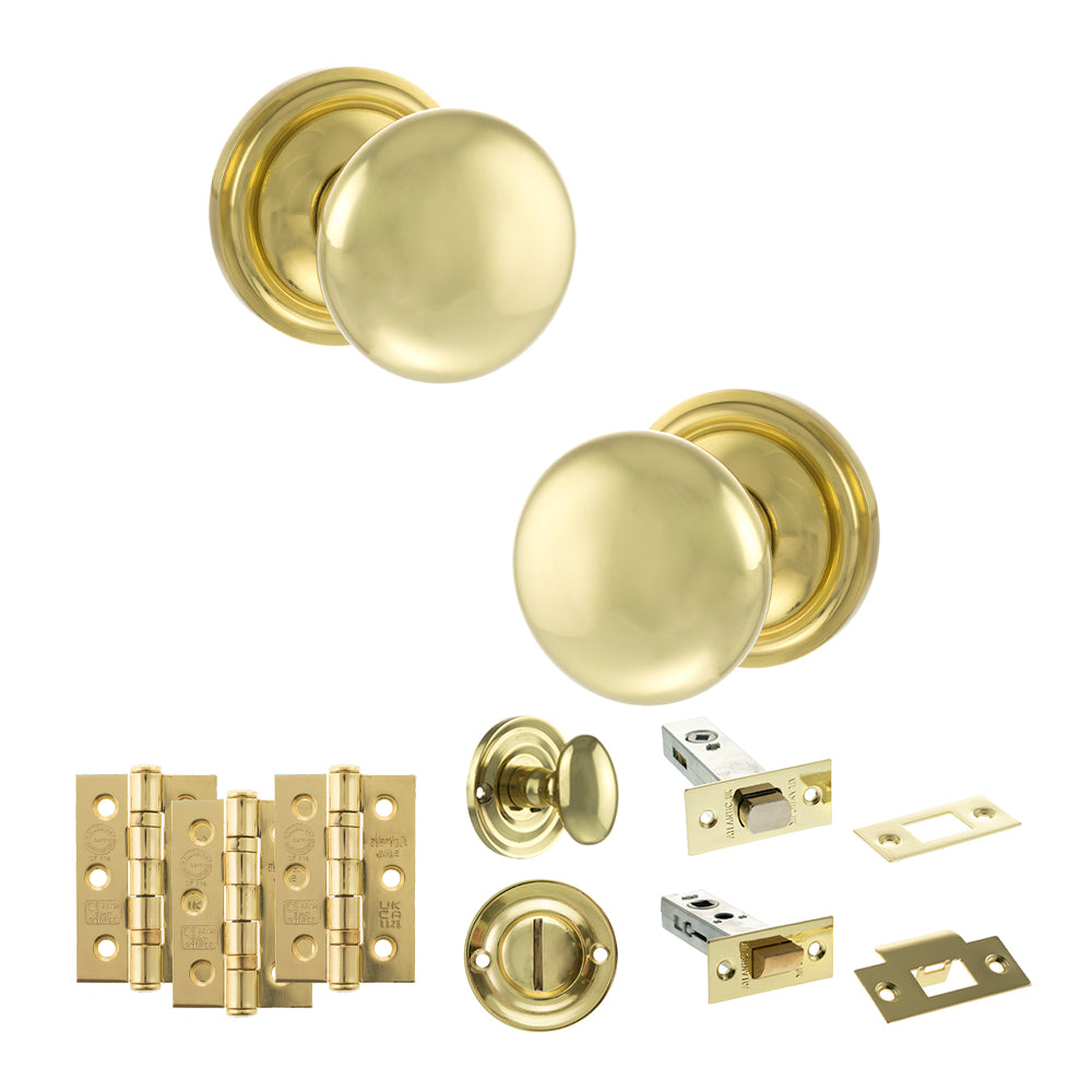 Old English Harrogate Door Knob Pack (Bathroom Set - 4" Deadbolt, 3" Fire Rated Hinges x3) - Polished Brass