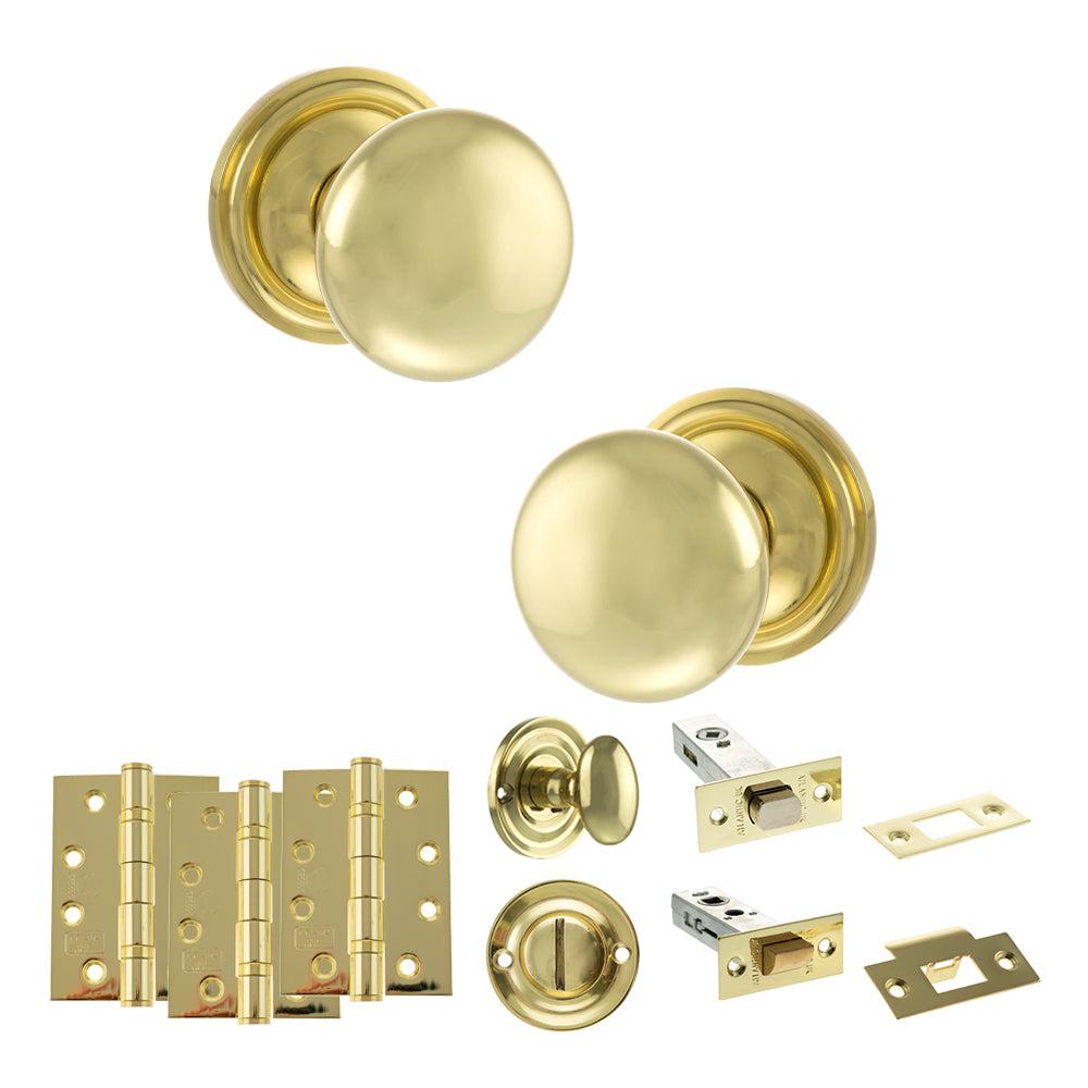 Old English Harrogate Door Knob Pack (Bathroom Set - 3" Deadbolt, 4" Fire Rated Hinges x3) - Polished Brass