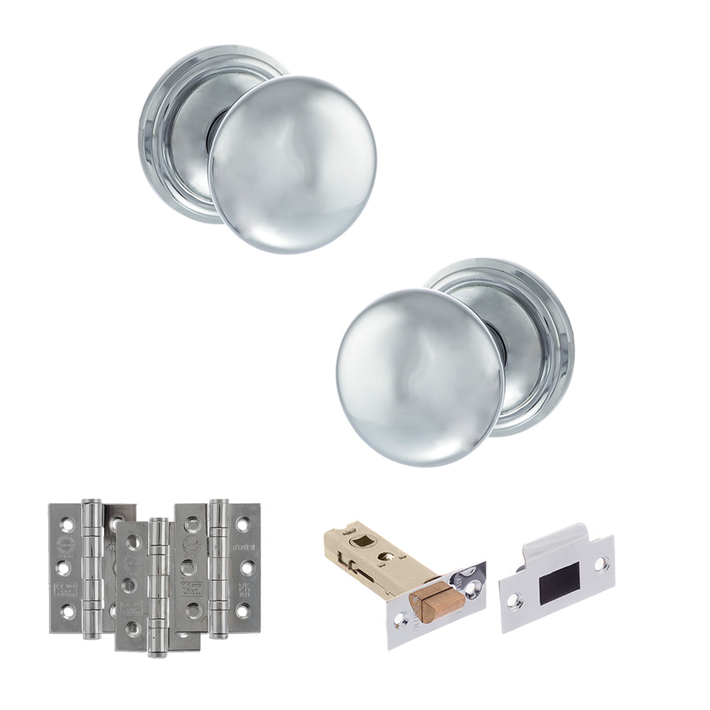 Old English Harrogate Door Knob Pack (Latch Set - 3" HD Latch, 3" Fire Rated Hinges x3) - Polished Chrome