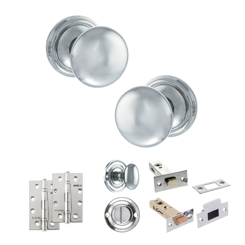 Old English Harrogate Door Knob Pack (Bathroom Set - 3" Deadbolt, 4" Slim Knuckle Hinges x2) - Polished Chrome