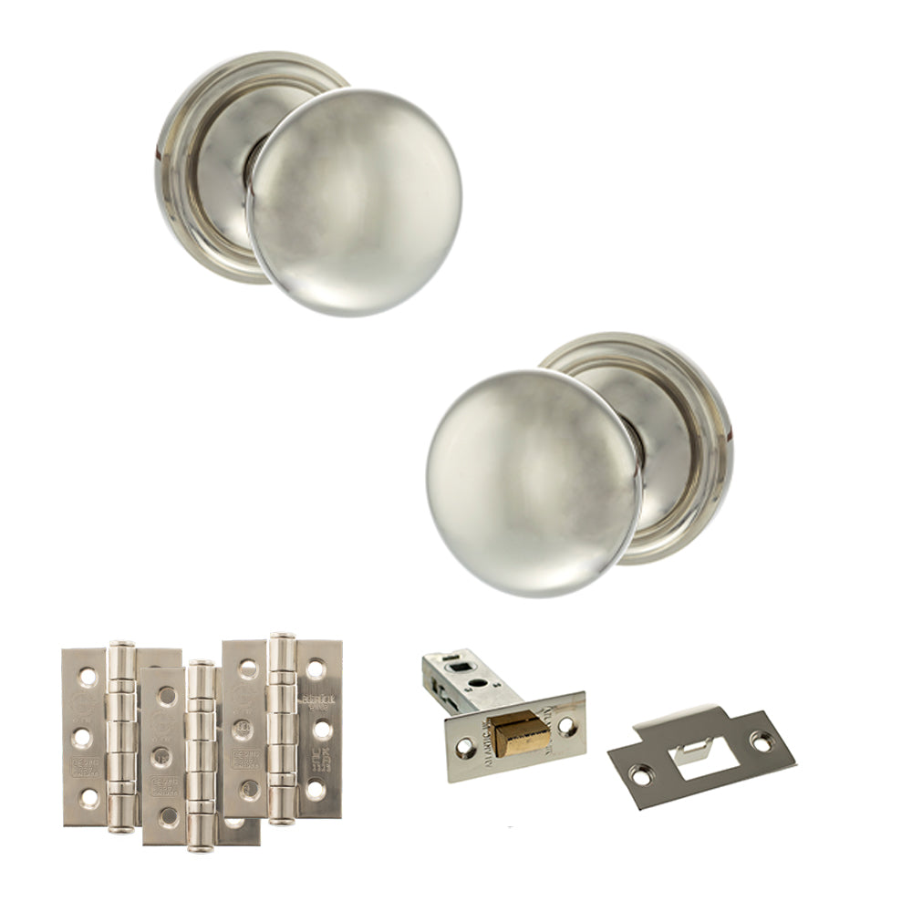 Old English Harrogate Door Knob Pack (Latch Set - 3" HD Latch, 3" Fire Rated Hinges x3) - Polished Nickel