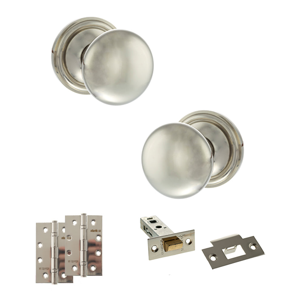 Old English Harrogate Door Knob Pack (Latch Set - 4" HD Latch, 4" Slim Knuckle Hinges x2) - Polished Nickel