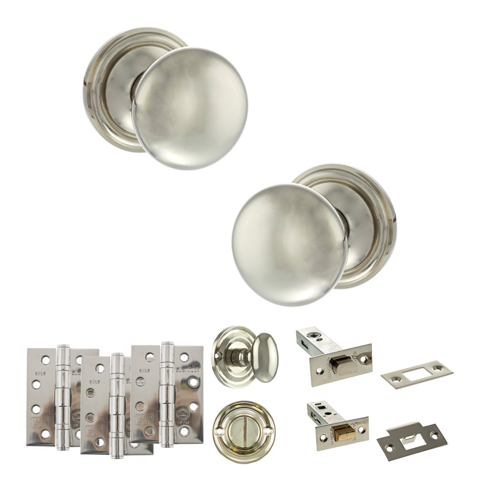 Old English Harrogate Door Knob Pack (Bathroom Set - 4" Deadbolt, 4" Fire Rated Hinges x3) - Polished Nickel