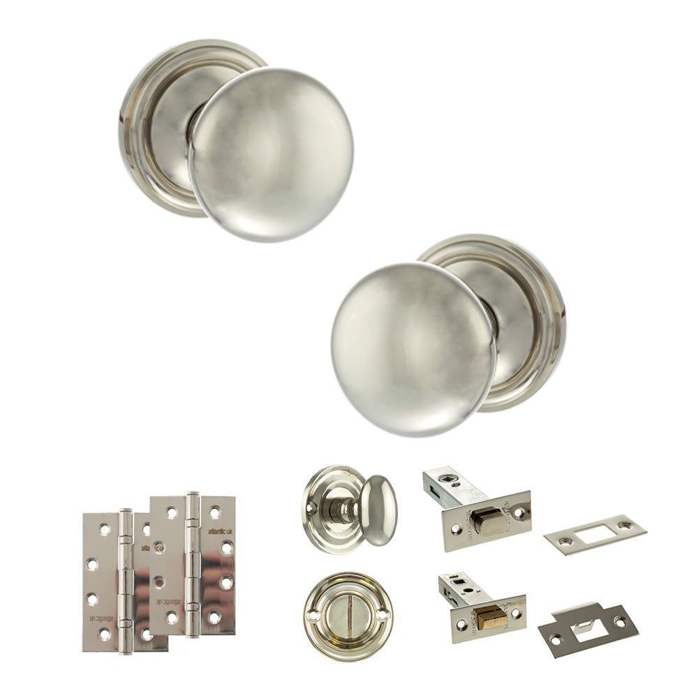 Old English Harrogate Door Knob Pack (Bathroom Set - 4" Deadbolt, 4" Slim Knuckle Hinges x2) - Polished Nickel