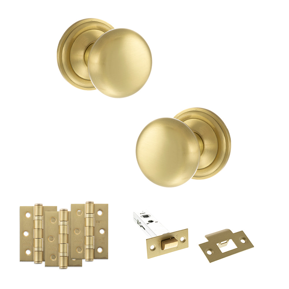 Old English Harrogate Door Knob Pack (Latch Set - 4" HD Latch, 3" Fire Rated Hinges x3) - Satin Brass
