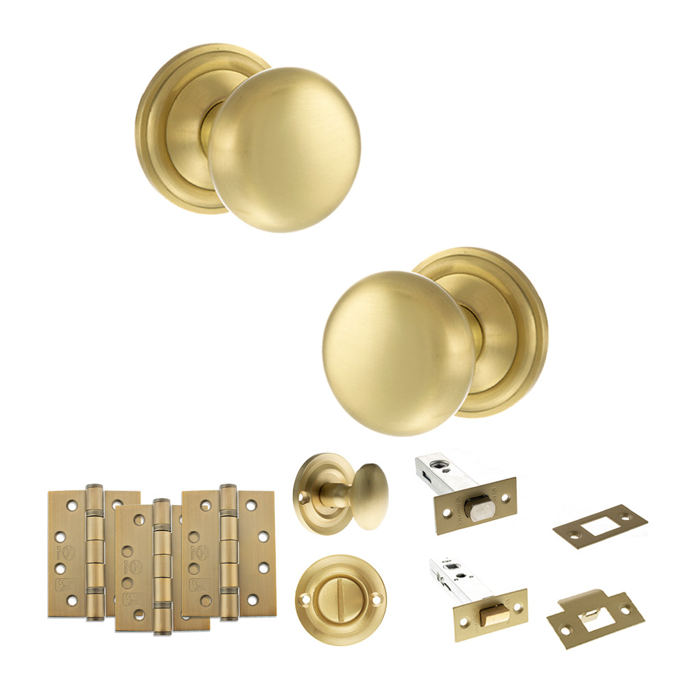 Old English Harrogate Door Knob Pack (Bathroom Set - 4" Deadbolt, 4" Fire Rated Hinges x3) - Satin Brass