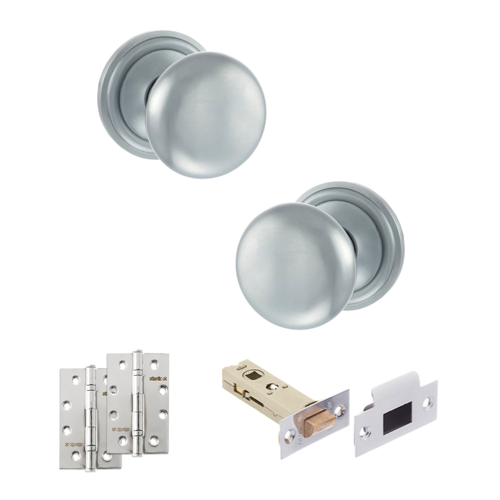 Old English Harrogate Door Knob Pack (Latch Set - 4" HD Latch, 4" Slim Knuckle Hinges x2) - Satin Chrome