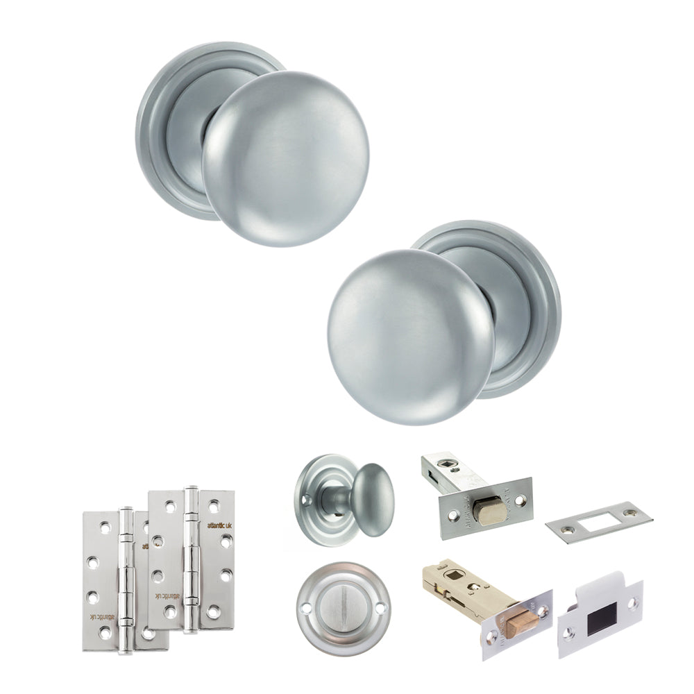 Old English Harrogate Door Knob Pack (Bathroom Set - 3" Deadbolt, 4" Slim Knuckle Hinges x2) - Satin Chrome