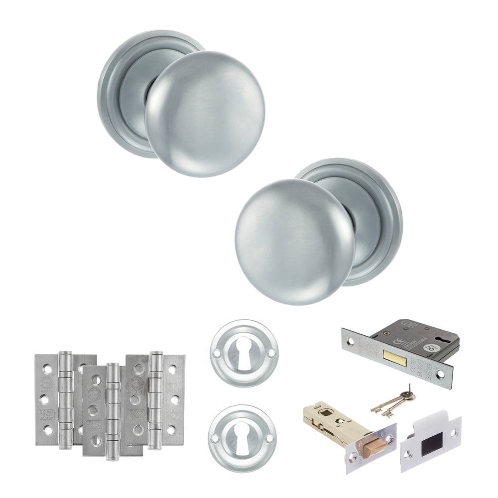 Old English Harrogate Door Knob Pack (Lock Set - 3" Latch & Deadlock, 3" Fire Rated Hinges x3) - Satin Chrome