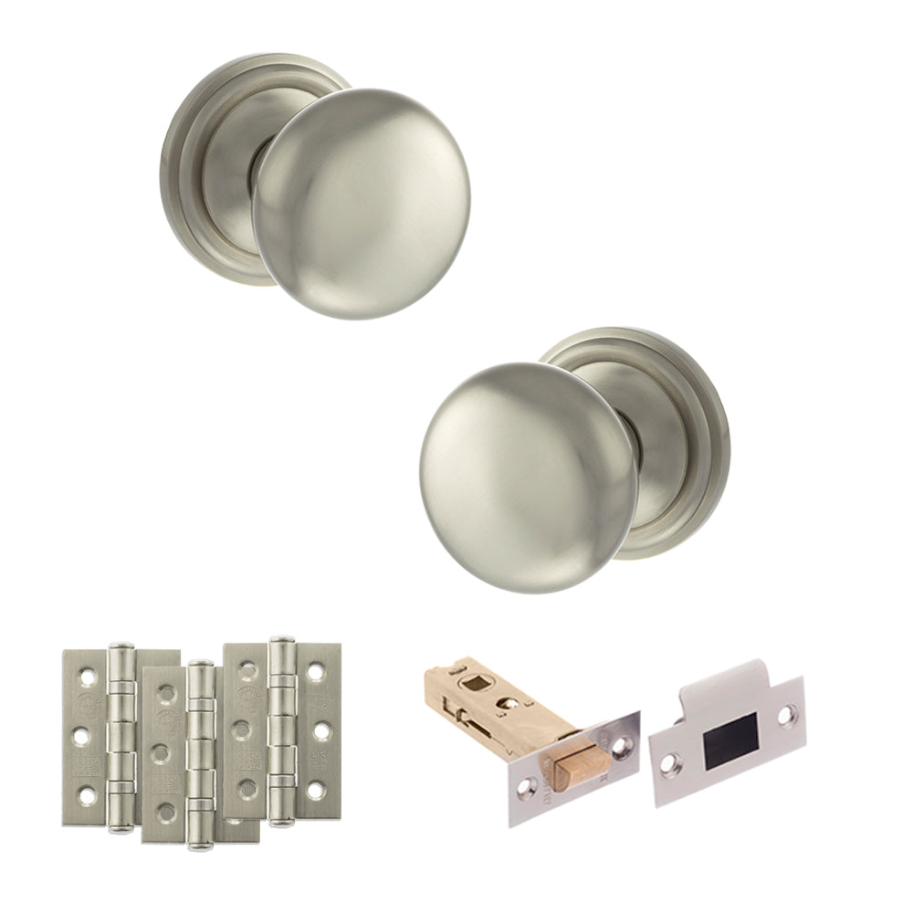 Old English Harrogate Door Knob Pack (Latch Set - 3" HD Latch, 3" Fire Rated Hinges x3) - Satin Nickel