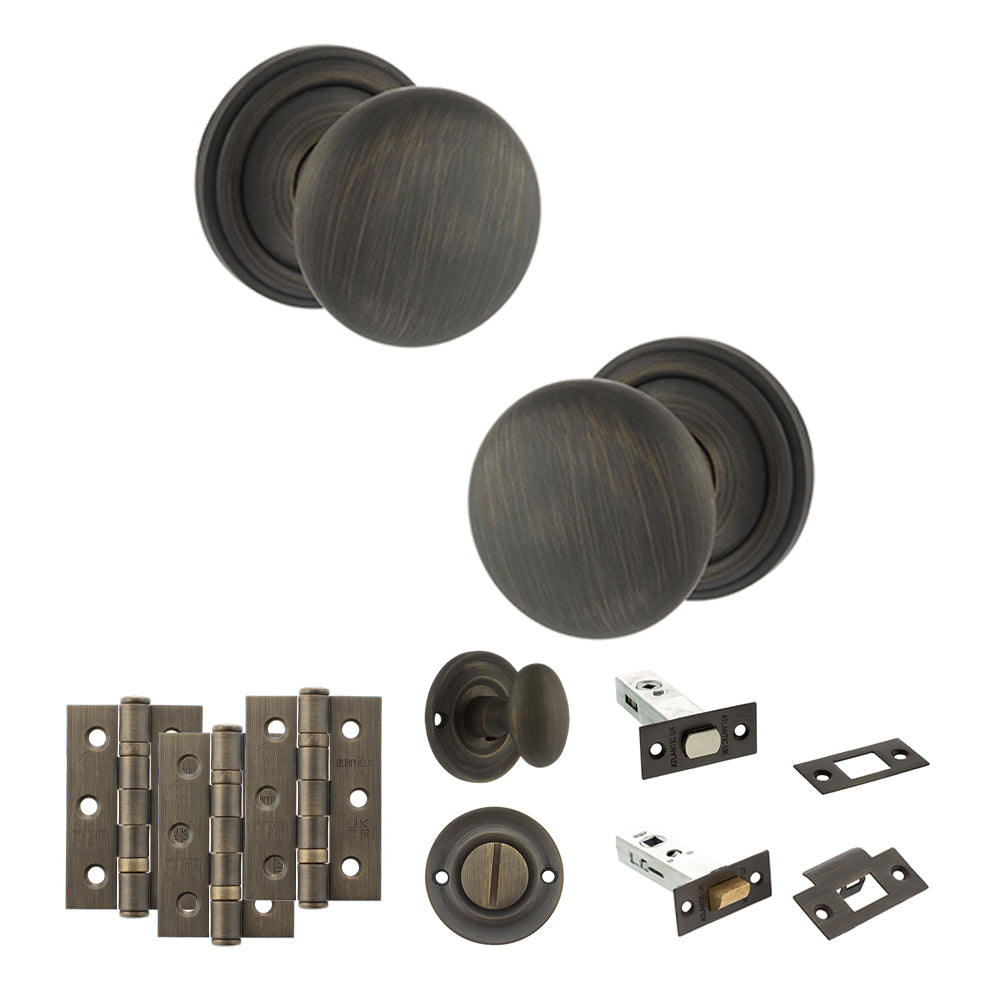 Old English Harrogate Door Knob Pack (Bathroom Set - 3" Deadbolt, 3" Fire Rated Hinges x3) - Urban Bronze