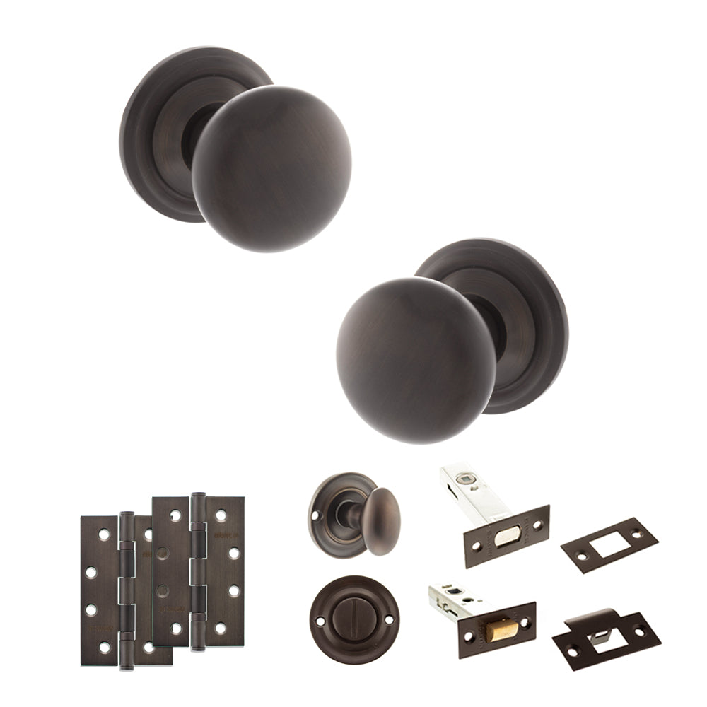 Old English Harrogate Door Knob Pack (Bathroom Set - 4" Deadbolt, 4" Slim Knuckle Hinges x2) - Urban Dark Bronze