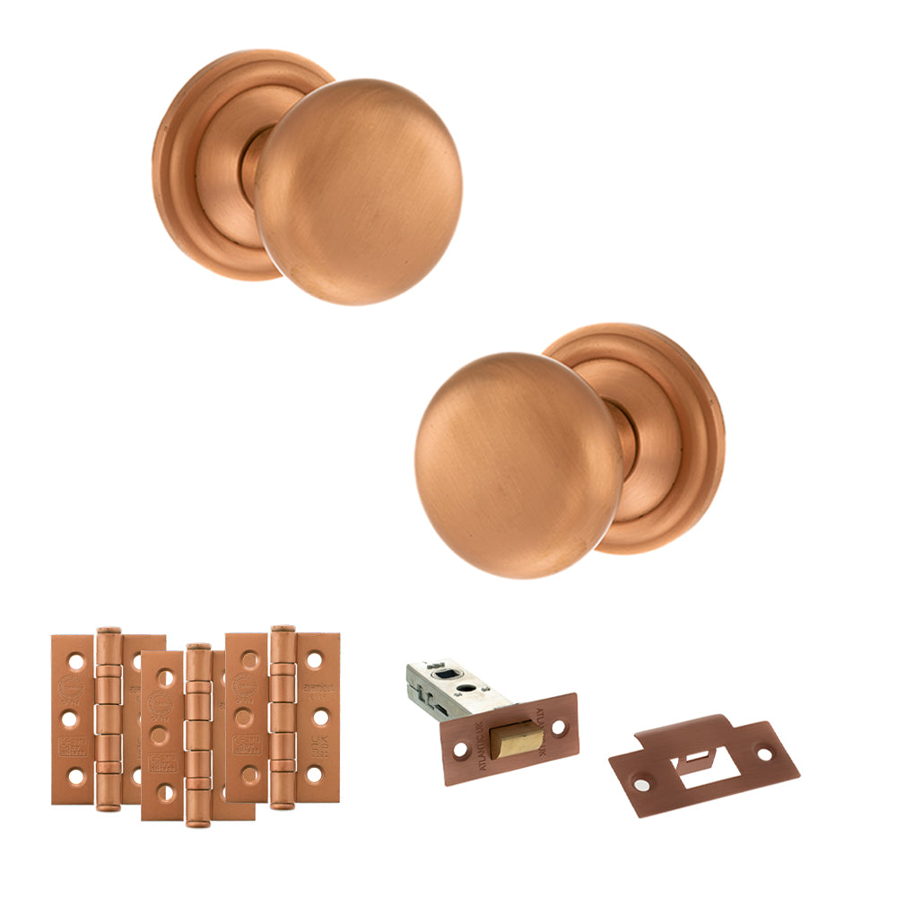 Old English Harrogate Door Knob Pack (Latch Set - 4" HD Latch, 3" Fire Rated Hinges x3) - Urban Satin Copper