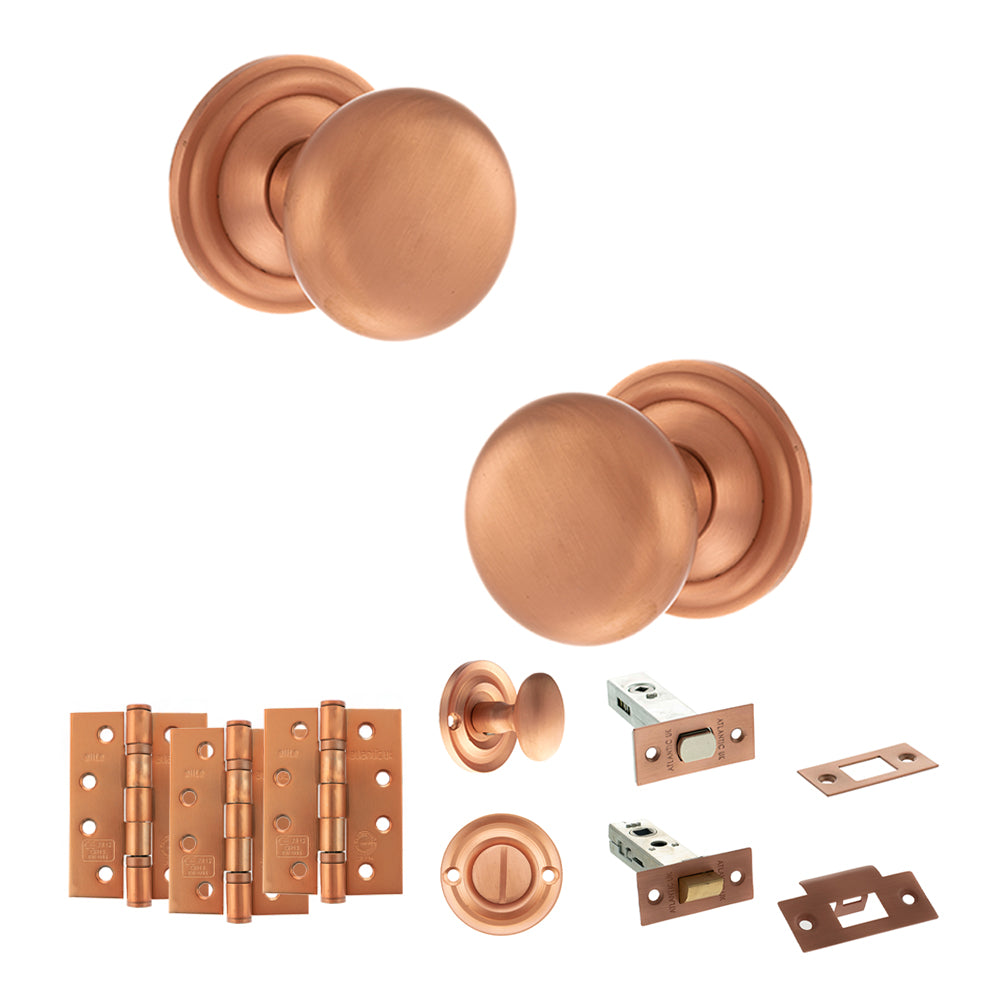 Old English Harrogate Door Knob Pack (Bathroom Set - 4" Deadbolt, 4" Fire Rated Hinges x3) - Urban Satin Copper