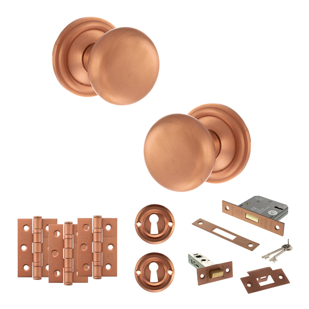 Old English Harrogate Door Knob Pack (Lock Set - 3" Latch & Deadlock, 3" Fire Rated Hinges x3) - Urban Satin Copper