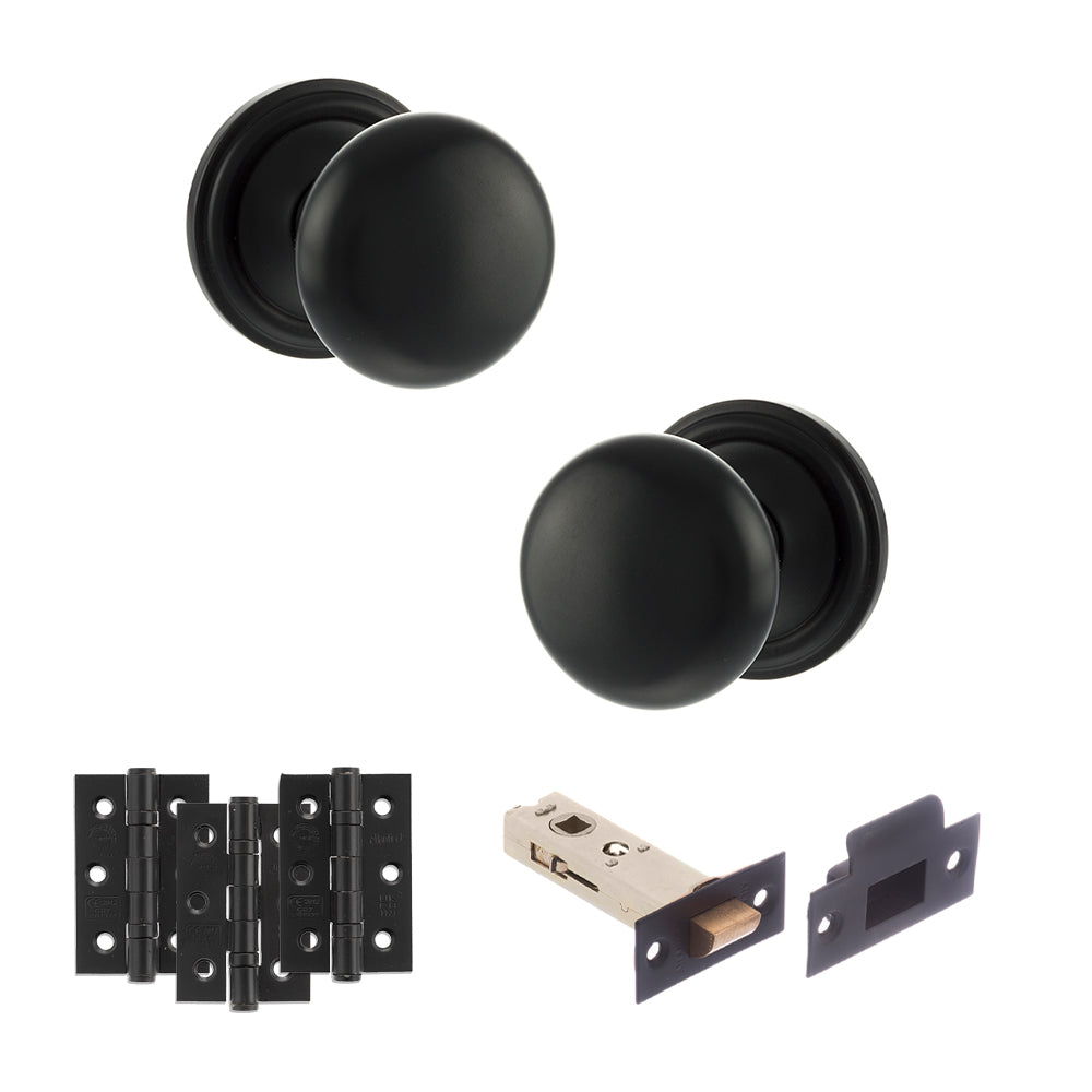 Old English Harrogate Door Knob Pack (Latch Set - 4" HD Latch, 3" Fire Rated Hinges x3) - Matt Black