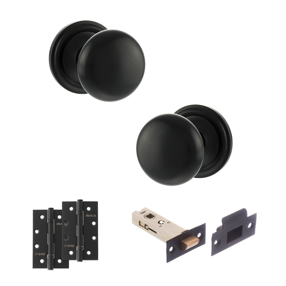 Old English Harrogate Door Knob Pack (Latch Set - 3" HD Latch, 4" Slim Knuckle Hinges x2) - Matt Black