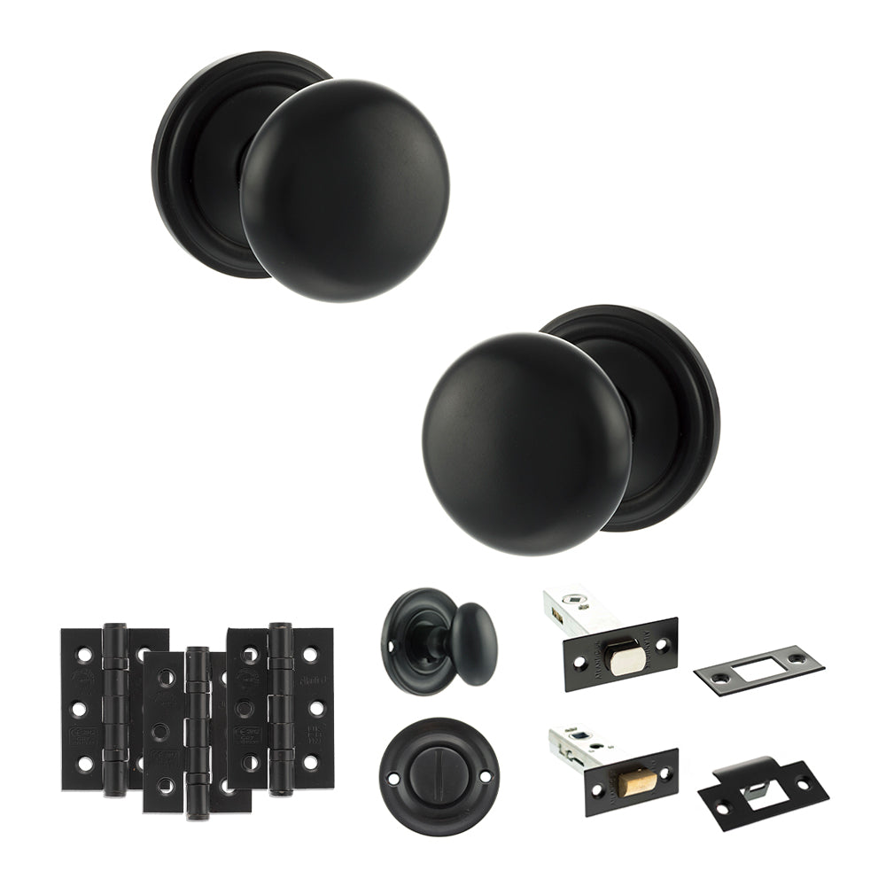 Old English Harrogate Door Knob Pack (Bathroom Set - 3" Deadbolt, 3" Fire Rated Hinges x3) - Matt Black