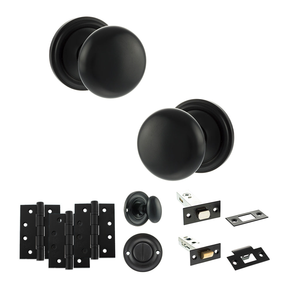 Old English Harrogate Door Knob Pack (Bathroom Set - 3" Deadbolt, 4" Fire Rated Hinges x3) - Matt Black