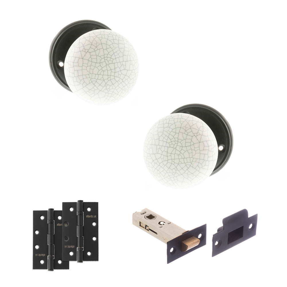Old English Skipton Door Knob Pack (Latch Set - 4" HD Latch, 4" Slim Knuckle Hinges x2) - Matt Black