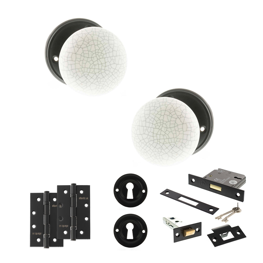 Old English Skipton Door Knob Pack (Lock Set - 3" Latch & Deadlock, 4" Slim Knuckle Hinges x2) - Matt Black