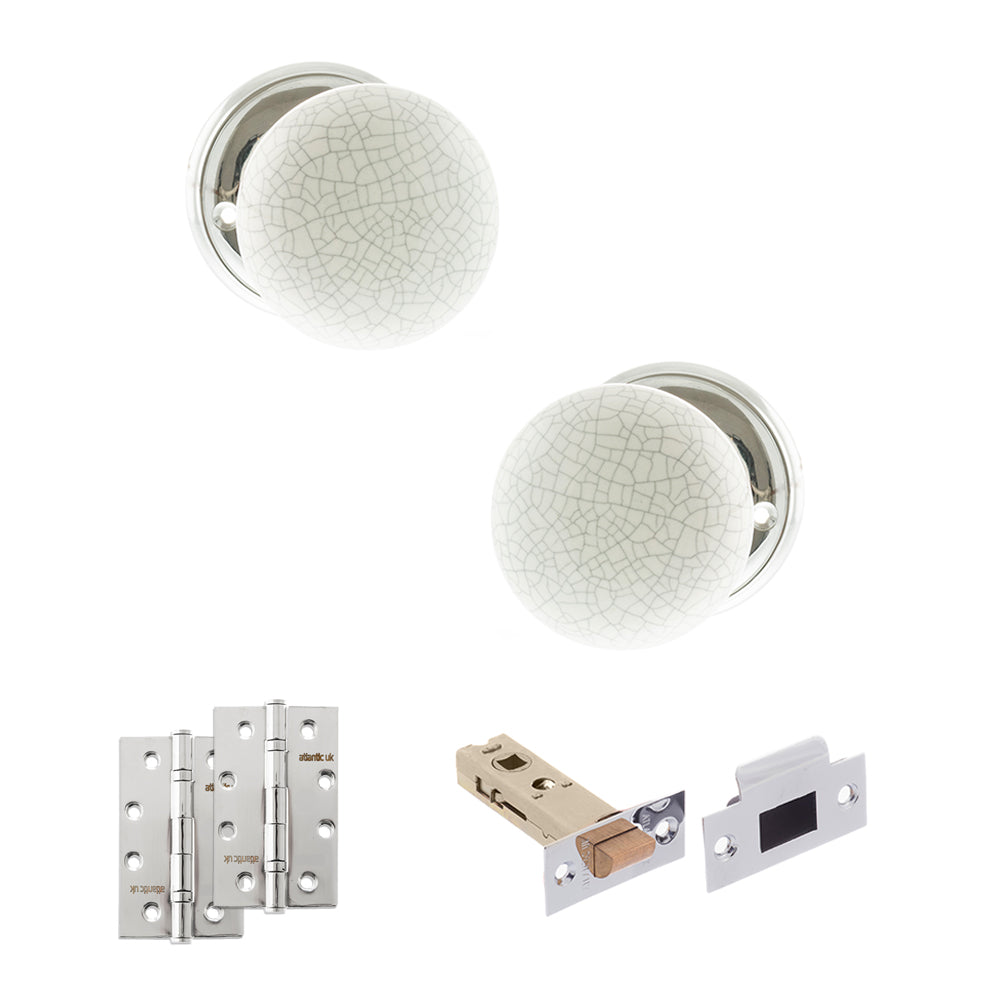 Old English Skipton Door Knob Pack (Latch Set - 3" HD Latch, 4" Slim Knuckle Hinges x2) - Polished Chrome