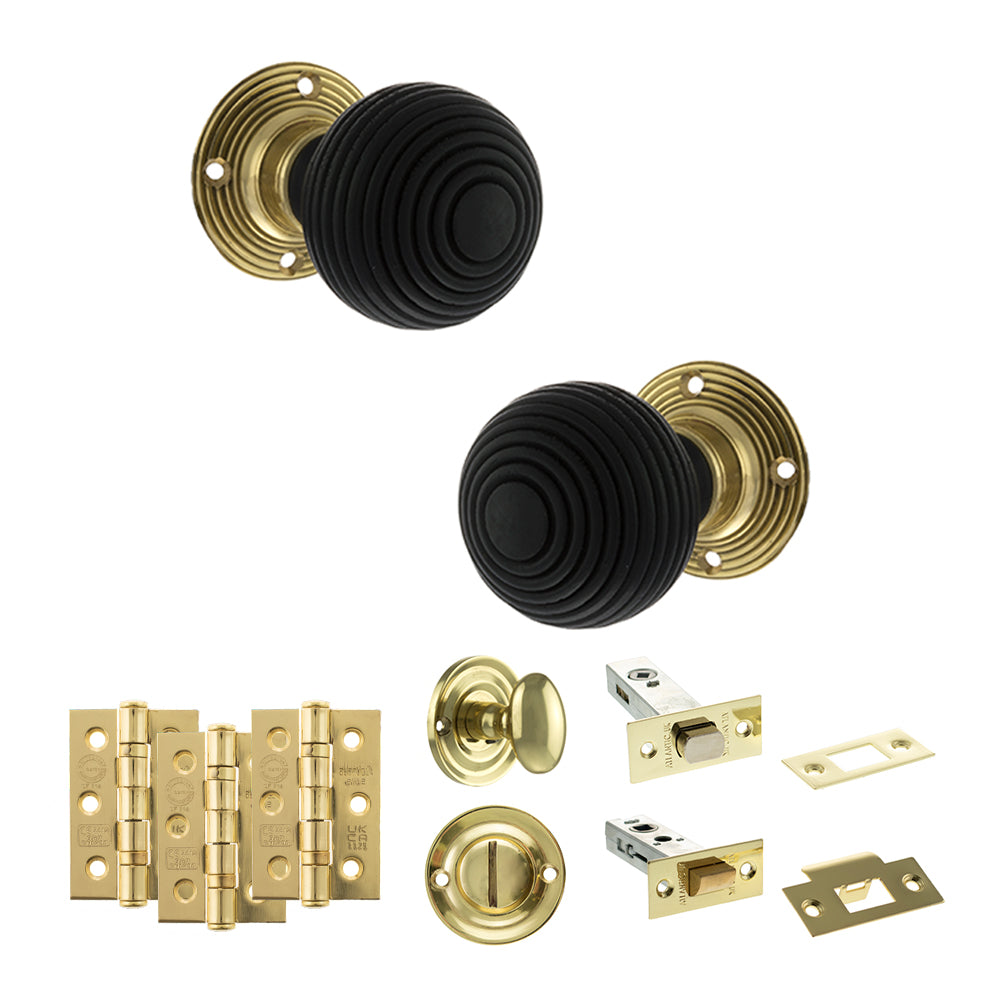 Old English Whitby Door Knob Pack (Bathroom Set - 3" Deadbolt, 3" Fire Rated Hinges x3) - Polished Brass