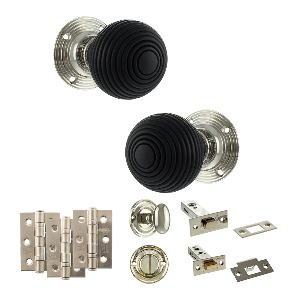 Old English Whitby Door Knob Pack (Bathroom Set - 3" Deadbolt, 3" Fire Rated Hinges x3) - Polished Nickel