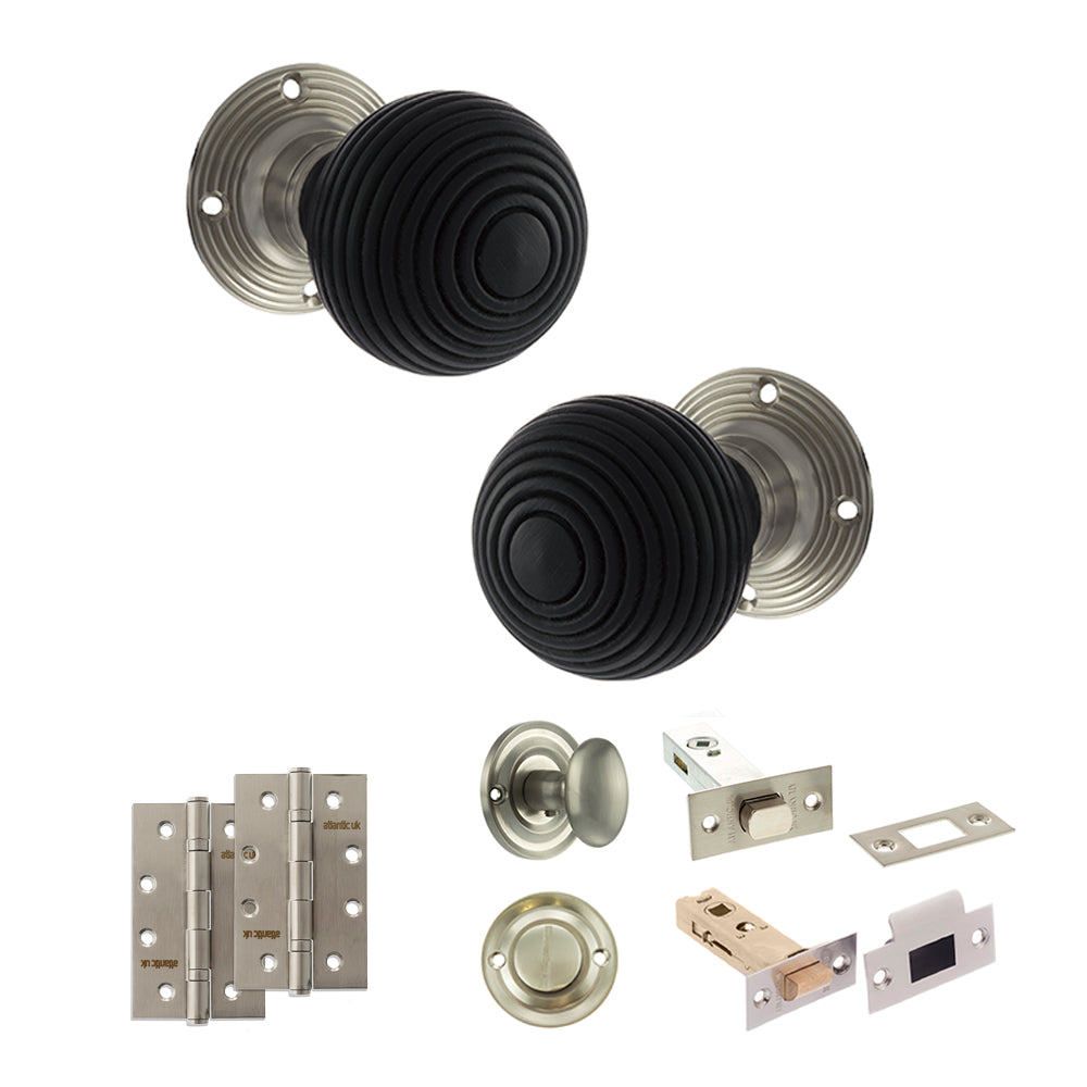 Old English Whitby Door Knob Pack (Bathroom Set - 4" Deadbolt, 4" Slim Knuckle Hinges x2) - Satin Nickel