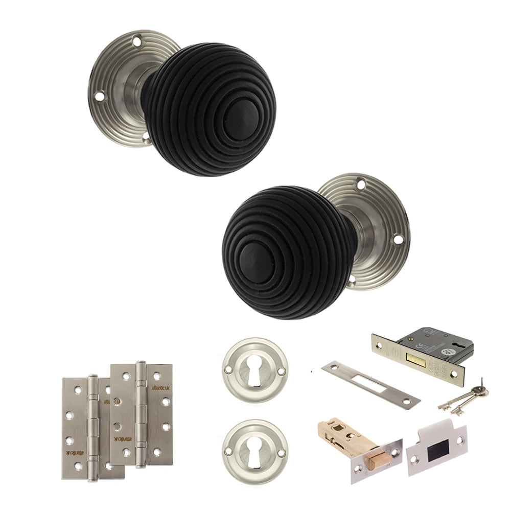 Old English Whitby Door Knob Pack (Lock Set - 3" Latch & Deadlock, 4" Slim Knuckle Hinges x2) - Satin Nickel