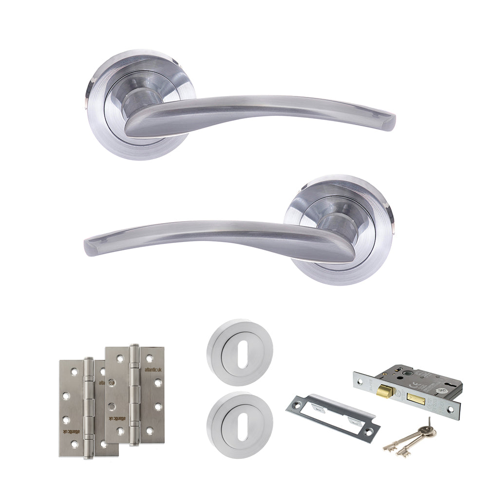 STATUS Arizona Door Handle Pack (3 Lever Lock Set - 3" CE Sashlock, 4" Slim Knuckle Hinges x2) - Satin Chrome