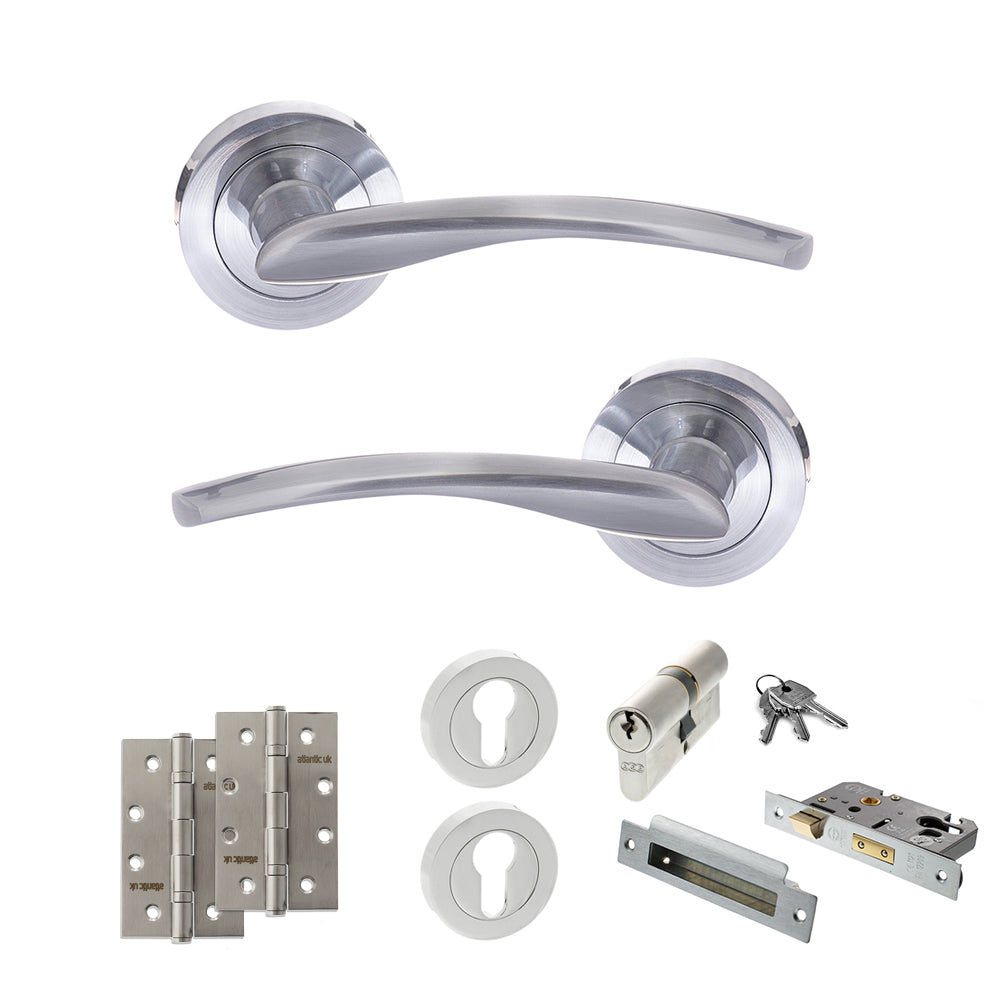 STATUS Arizona Door Handle Pack (Euro Lock Set - 3" CE Sashlock, 4" Slim Knuckle Hinges x2) - Satin Chrome