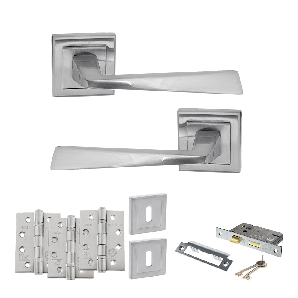 STATUS California Door Handle Pack (3 Lever Lock Set - 3" CE Sashlock, 4" Fire Rated Hinges x3) - Satin Chrome