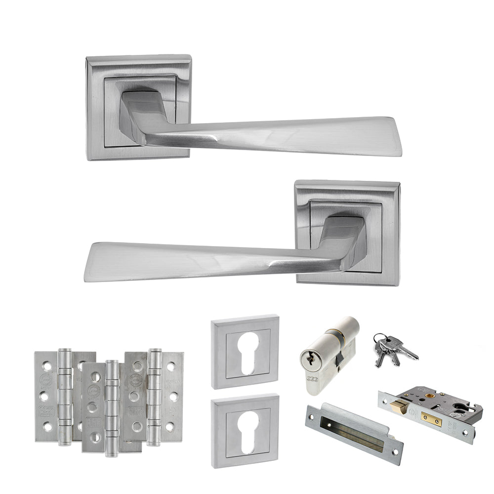 STATUS California Door Handle Pack (Euro Lock Set - 2.5" CE Sashlock, 3" Premium Hinges x3) - Satin Chrome