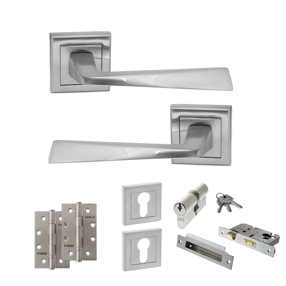 STATUS California Door Handle Pack (Euro Lock Set - 3" CE Sashlock, 4" Slim Knuckle Hinges x2) - Satin Chrome