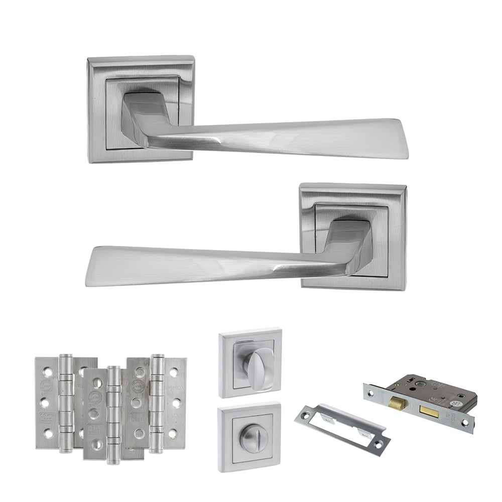 STATUS California Door Handle Pack (Bathroom Set - 3" CE Bathroom Lock, 3" Premium Hinges x3) - Satin Chrome