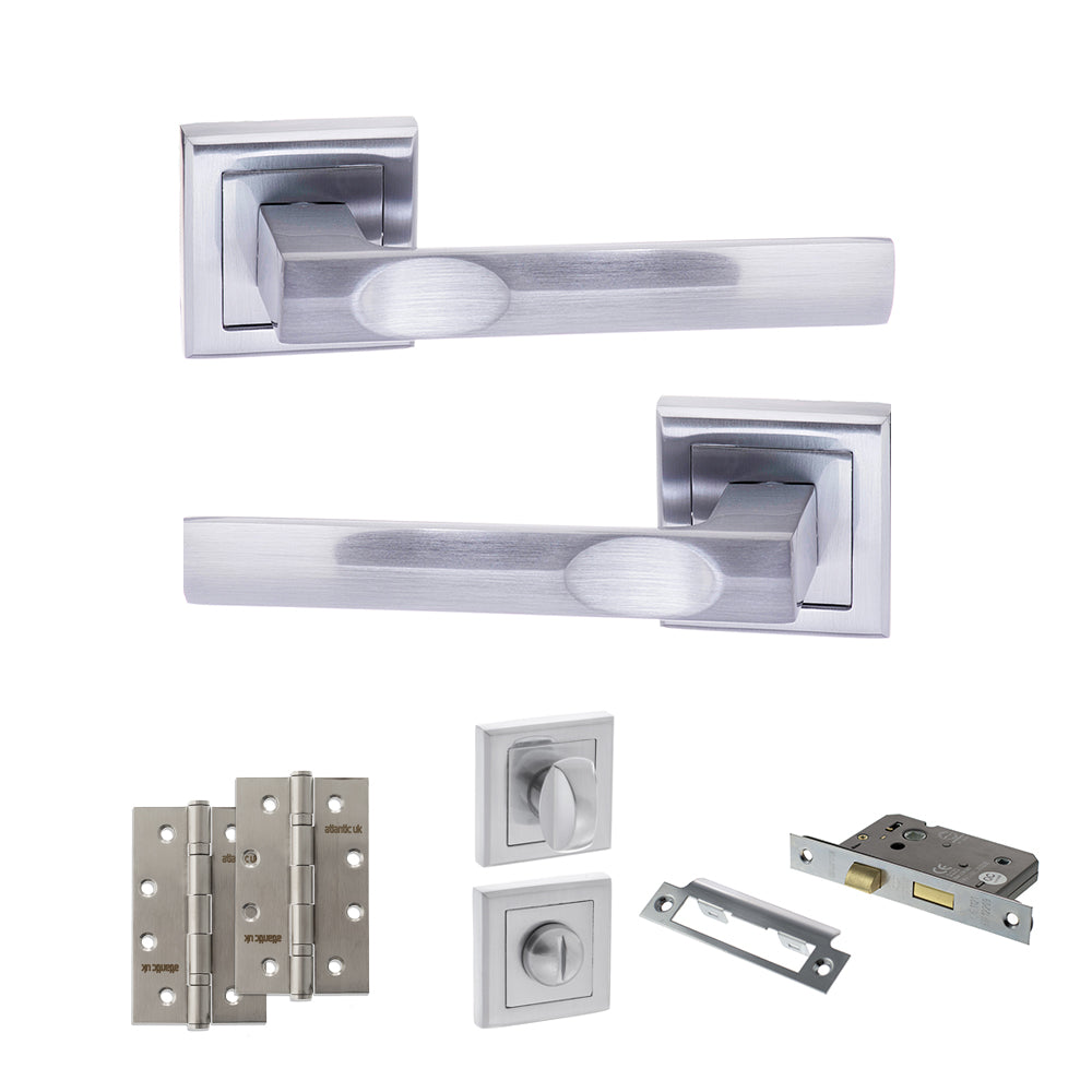 STATUS Kansas Door Handle Pack (Bathroom Set - 3" CE Bathroom Lock, 4" Slim Knuckle Hinges x2) - Satin Chrome
