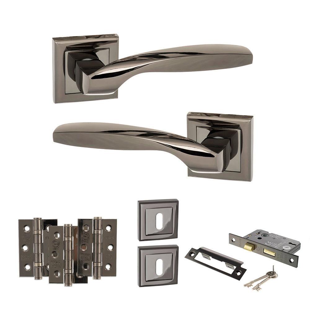 STATUS Oklahoma Door Handle Pack (3 Lever Lock Set - 3" CE Sashlock, 3" Premium Hinges x3) - Black Nickel