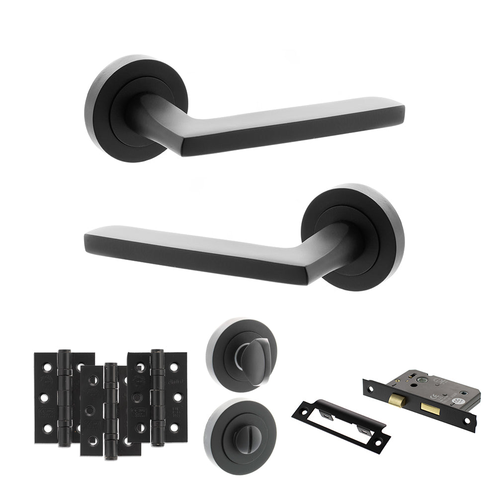 STATUS Alaska Door Handle Pack (Bathroom Set - 3" CE Bathroom Lock, 3" Premium Hinges x3) - Matt Black