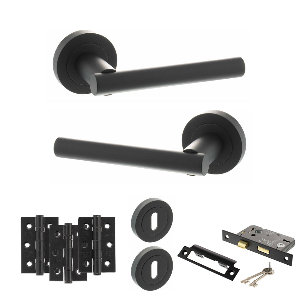 STATUS Nebraska Door Handle Pack (3 Lever Lock Set - 3" CE Sashlock, 3" Premium Hinges x3) - Matt Black